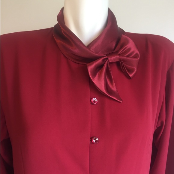 Burgundy long sleeve classic silk bow blouse size M - Picture 3 of 11